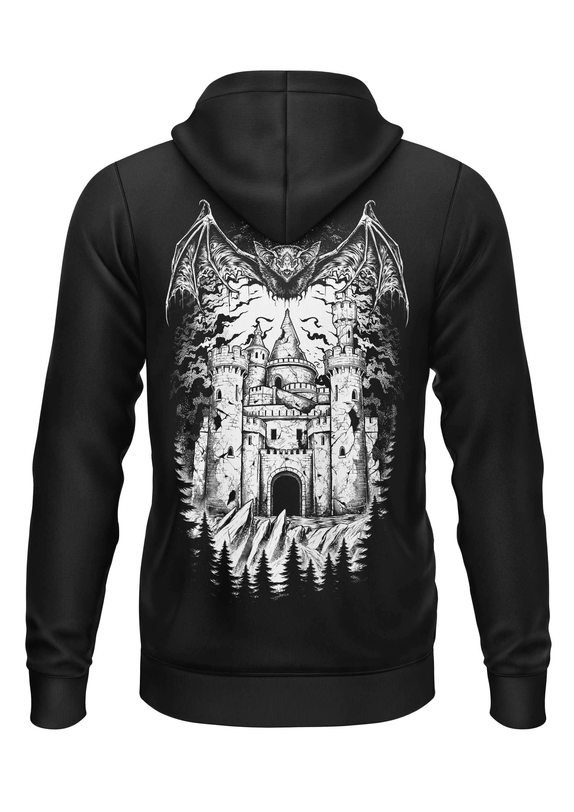 Schwarzer zip-up hoodie mit gothic horror grafik eines schlosses umgeben von fledermäusen und kiefern